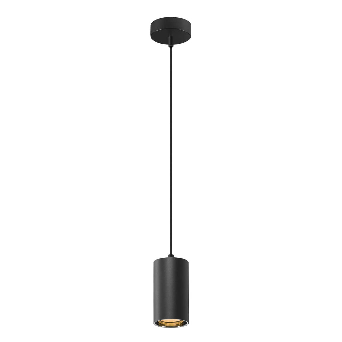 Photo centrée sur la suspension noire, câble tendu et diffuseur doré visible en bas