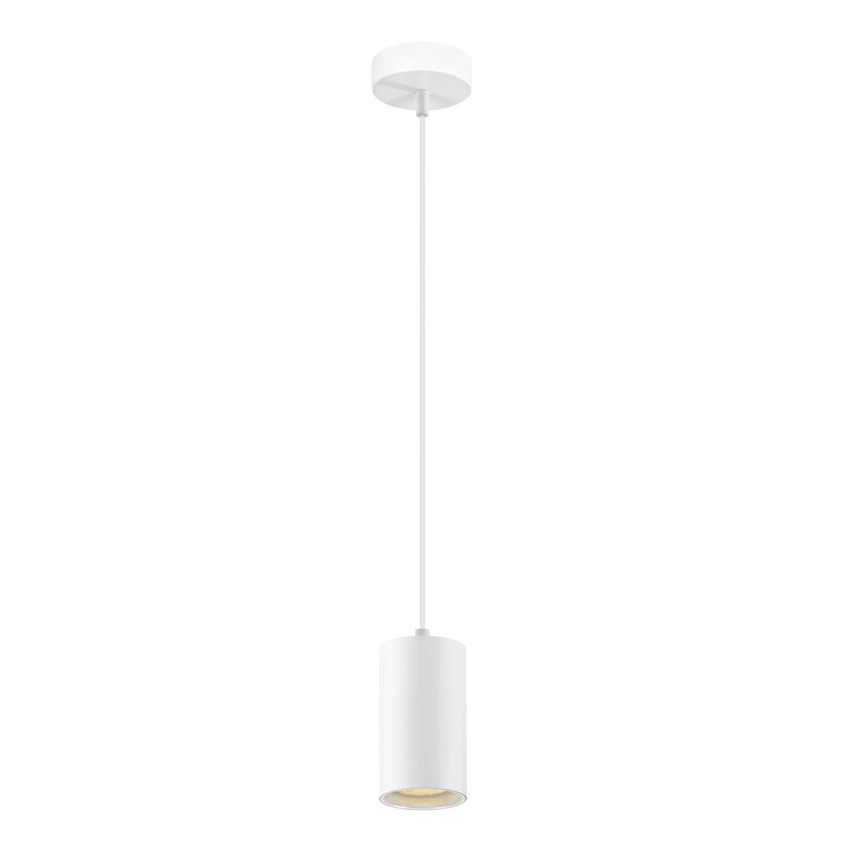 Suspension cylindrique blanche présentée de face, avec câble fin et rosace de plafond.