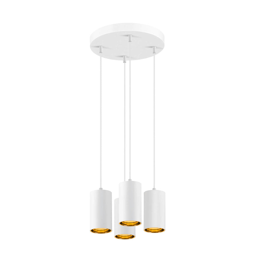 Quatre diffuseurs cylindriques blancs avec intérieur doré et lumière chaude.