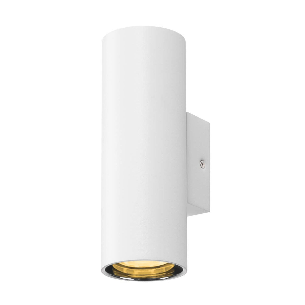 Détail du bas de l’applique blanche avec réflecteur doré et ampoule allumée.