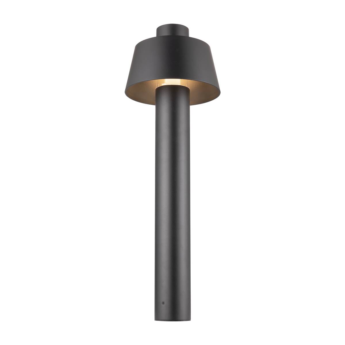 Lampadaire extérieur noir de face, corps cylindrique et chapeau conique éclairé.