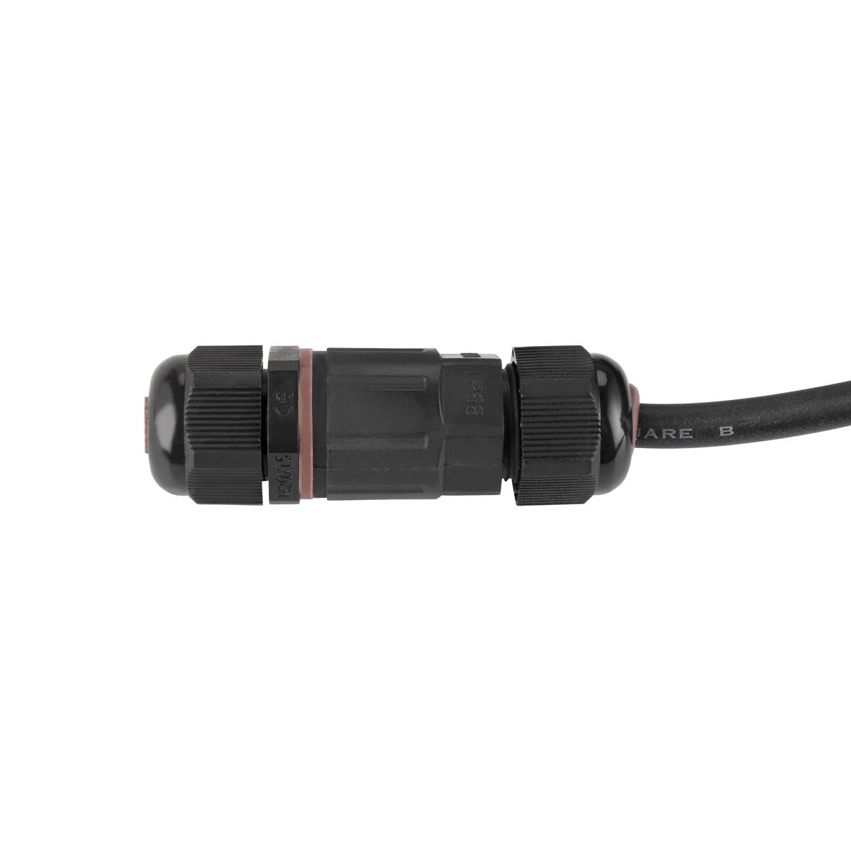 Connecteur électrique noir étanche avec câble, gros plan sur le raccord.