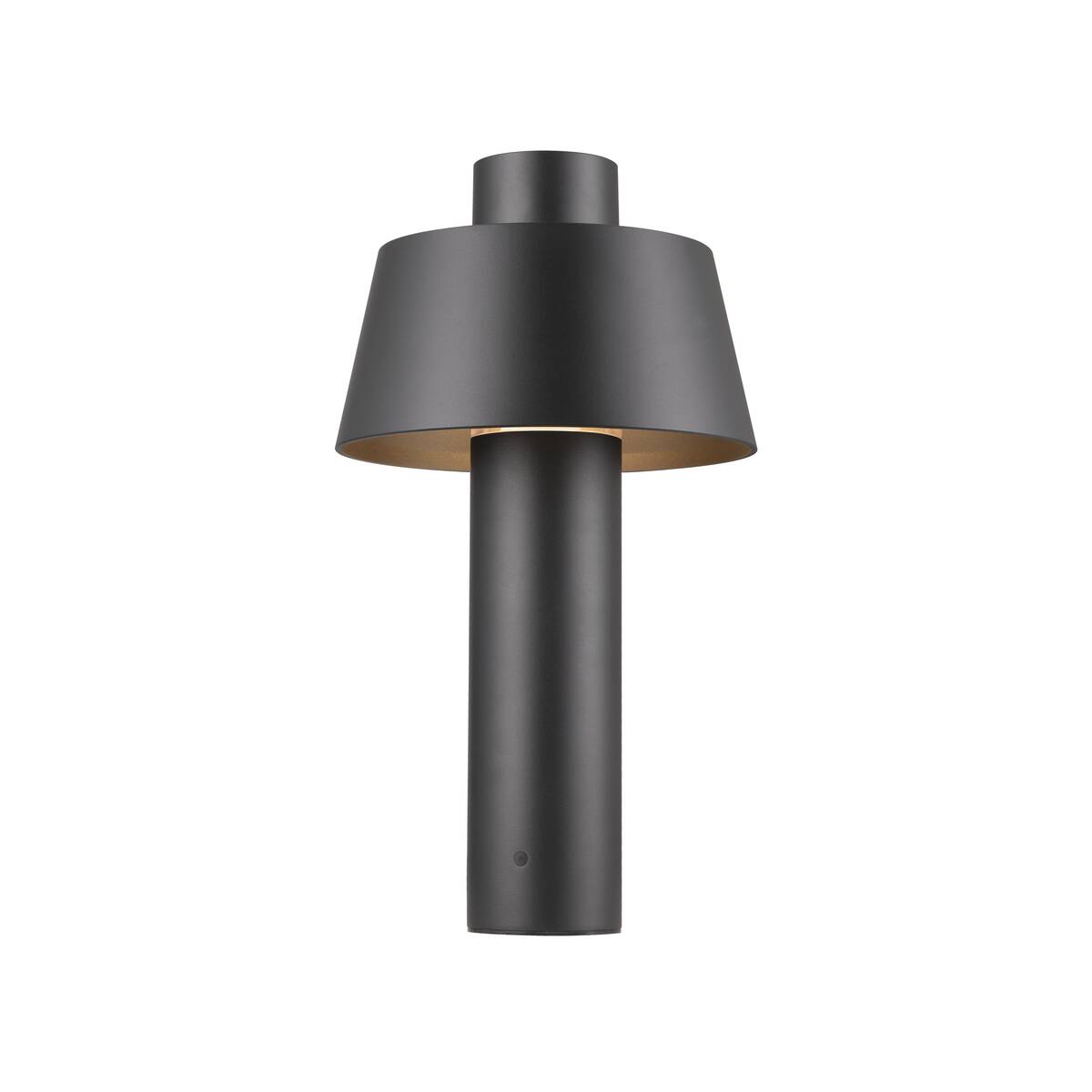 Lampadaire extérieur noir vu de face, corps cylindrique et large abat-jour conique.