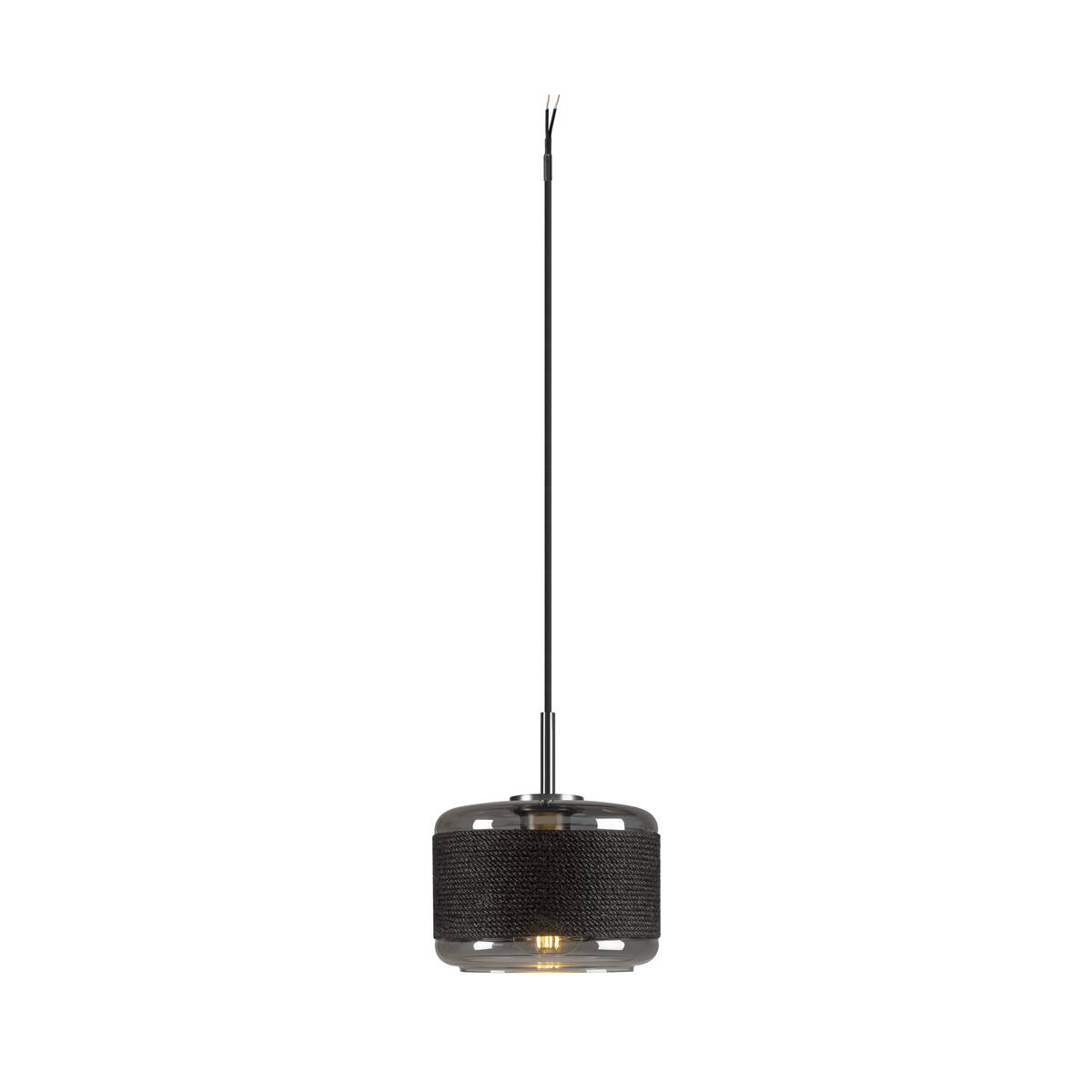 Suspension complète de face, câble tressé noir et abat-jour cylindrique en verre fumé.