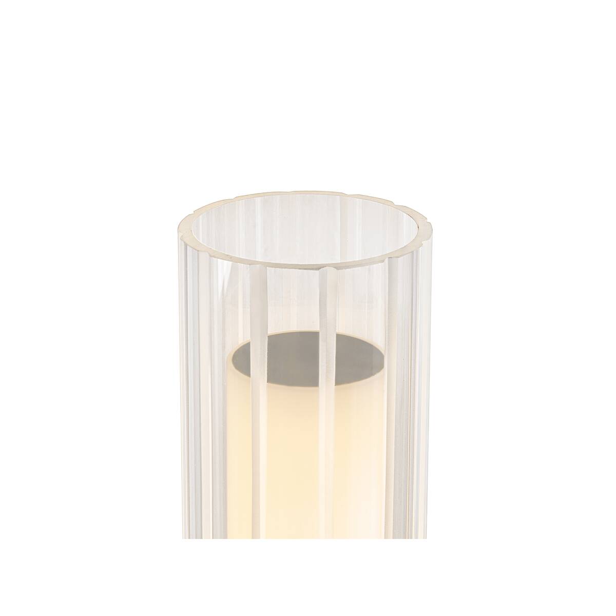 Détail du cylindre en verre strié et de la source lumineuse interne.
