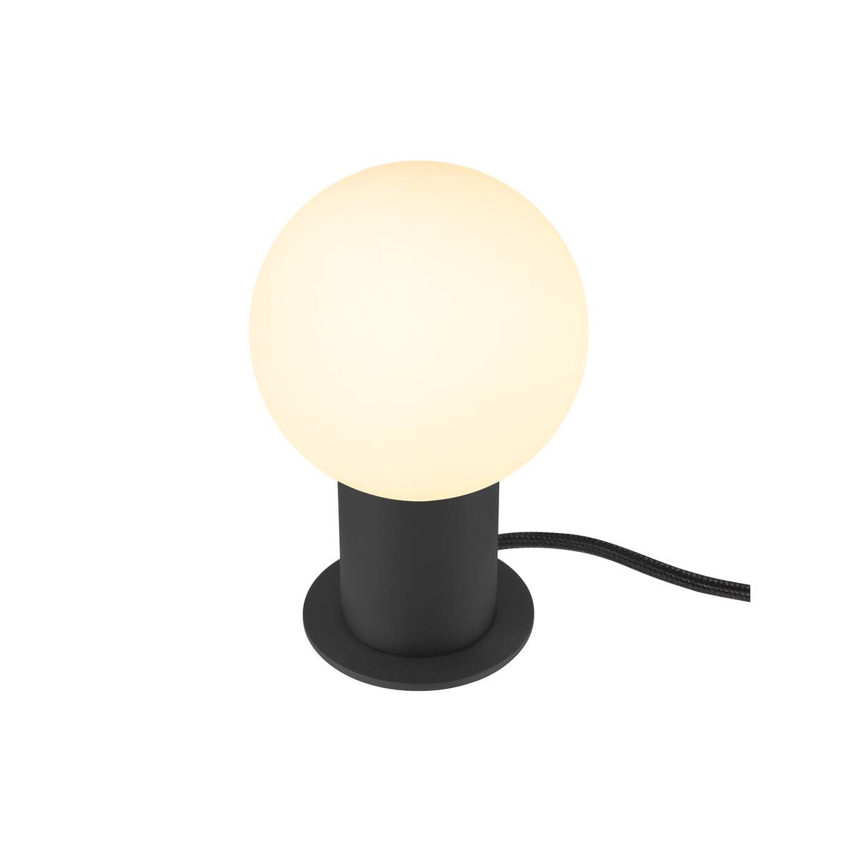 Lampe à poser noire surmontée d'un globe blanc allumé, vue de face