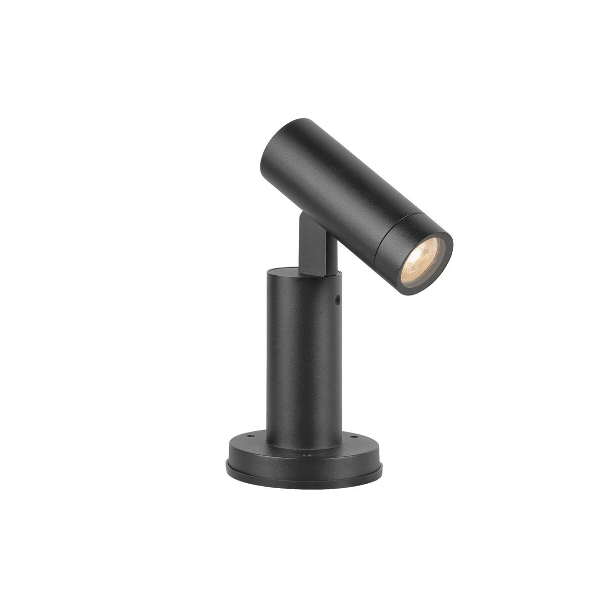 Vue de face du spot extérieur noir à tête orientable sur base cylindrique.