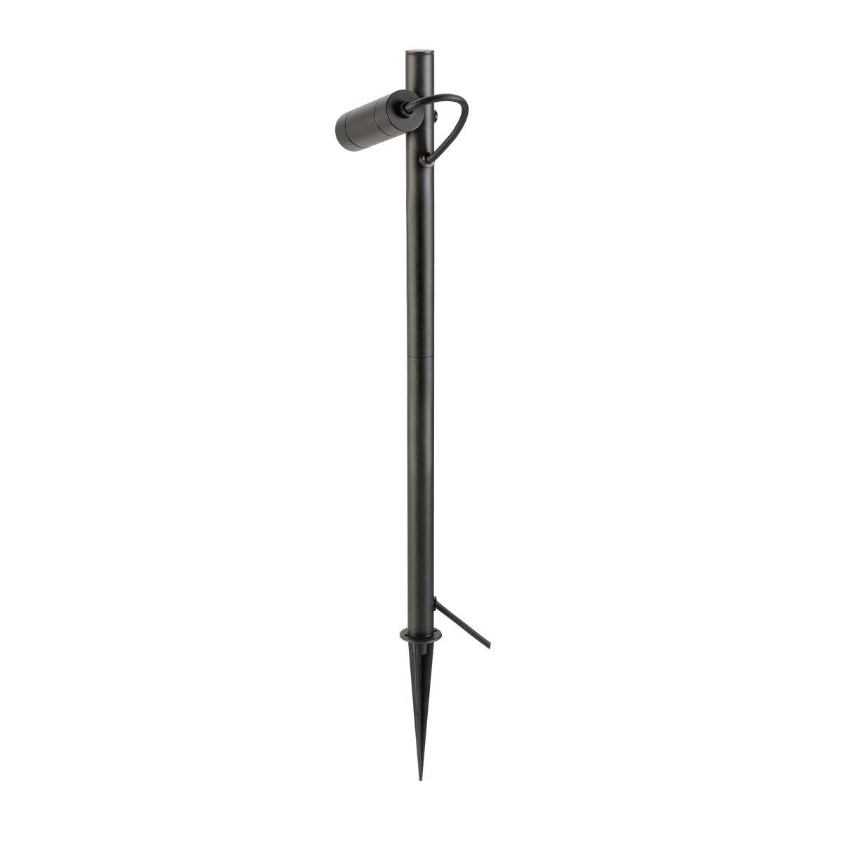 Lampadaire extérieur noir à piquet, spot cylindrique orientable, vue de face sur fond blanc.