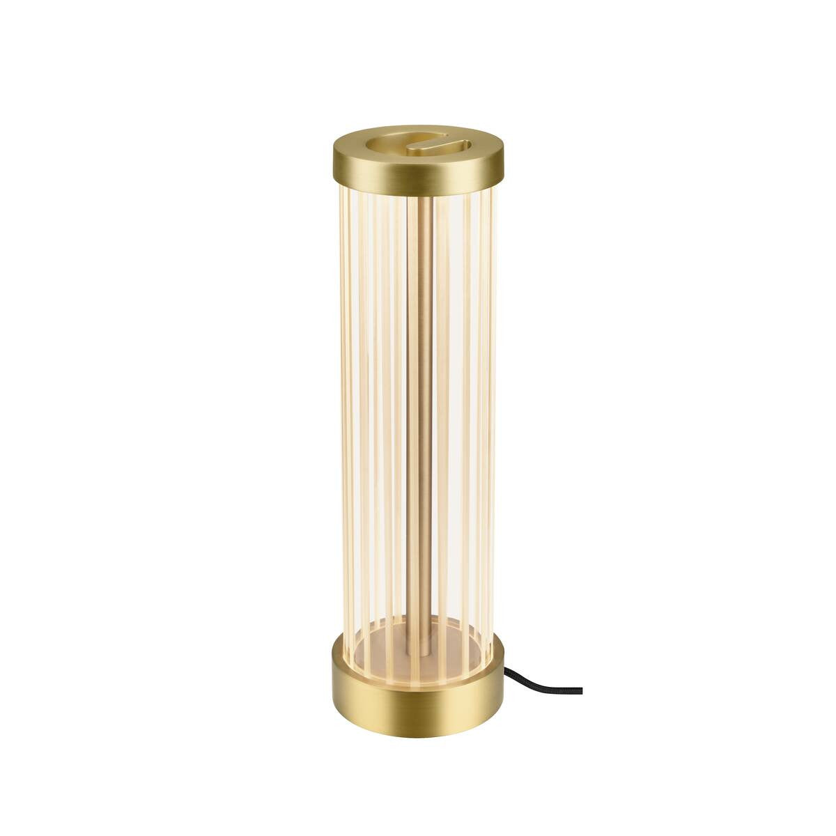 Lampe à poser cylindrique en verre strié et laiton brossé, vue de face.