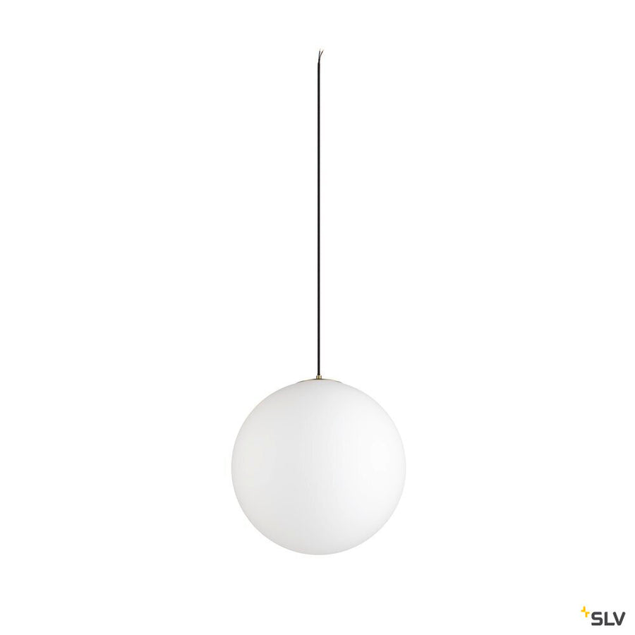 Suspension à sphère blanche éteinte, vue de face sur fond neutre.