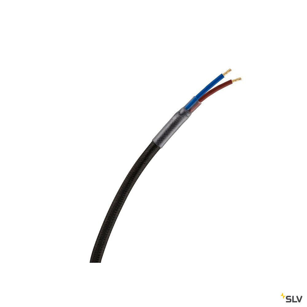 Détail du câble électrique dénudé avec fils bleu et brun apparents.