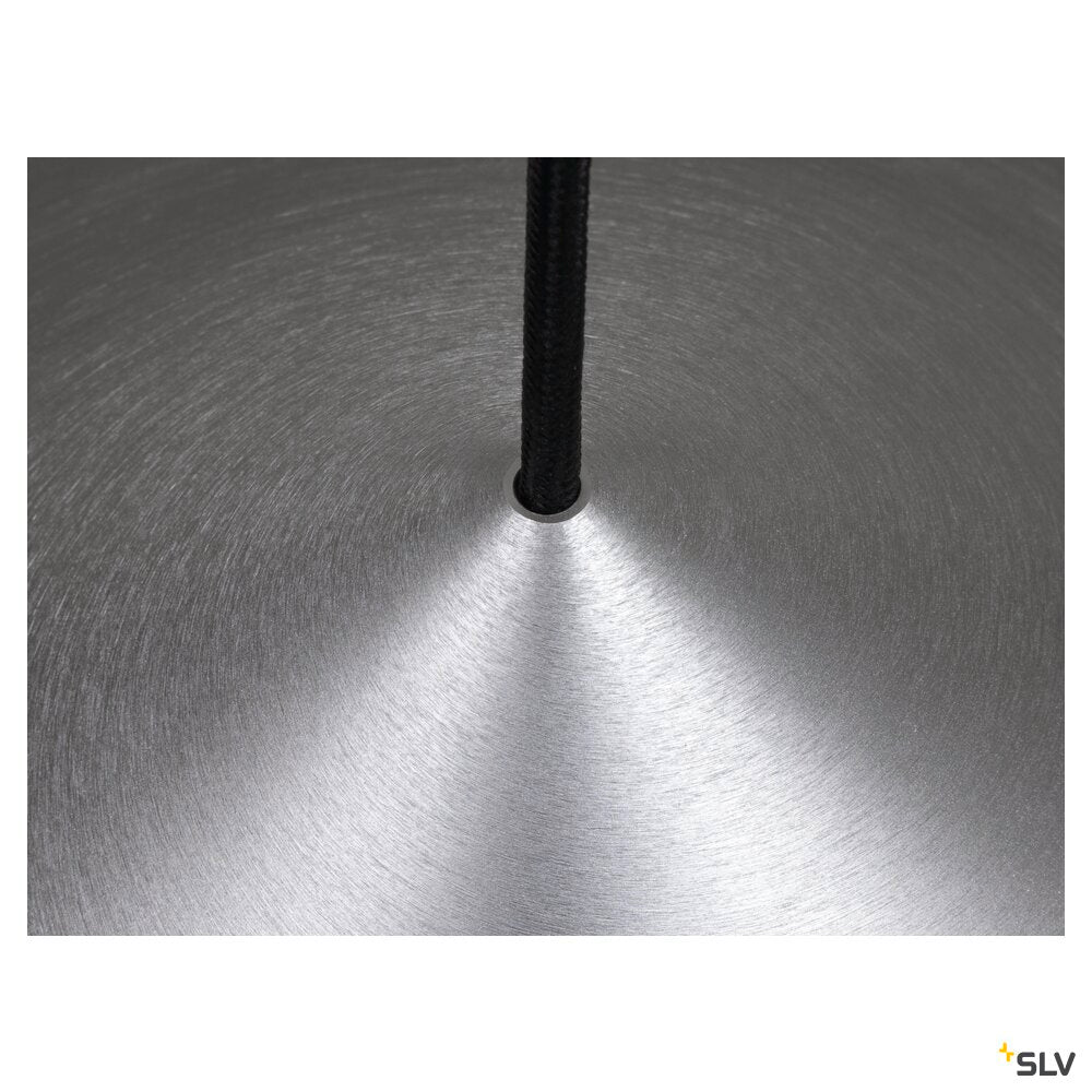 Détail du dessous en aluminium brossé et passage du câble noir central