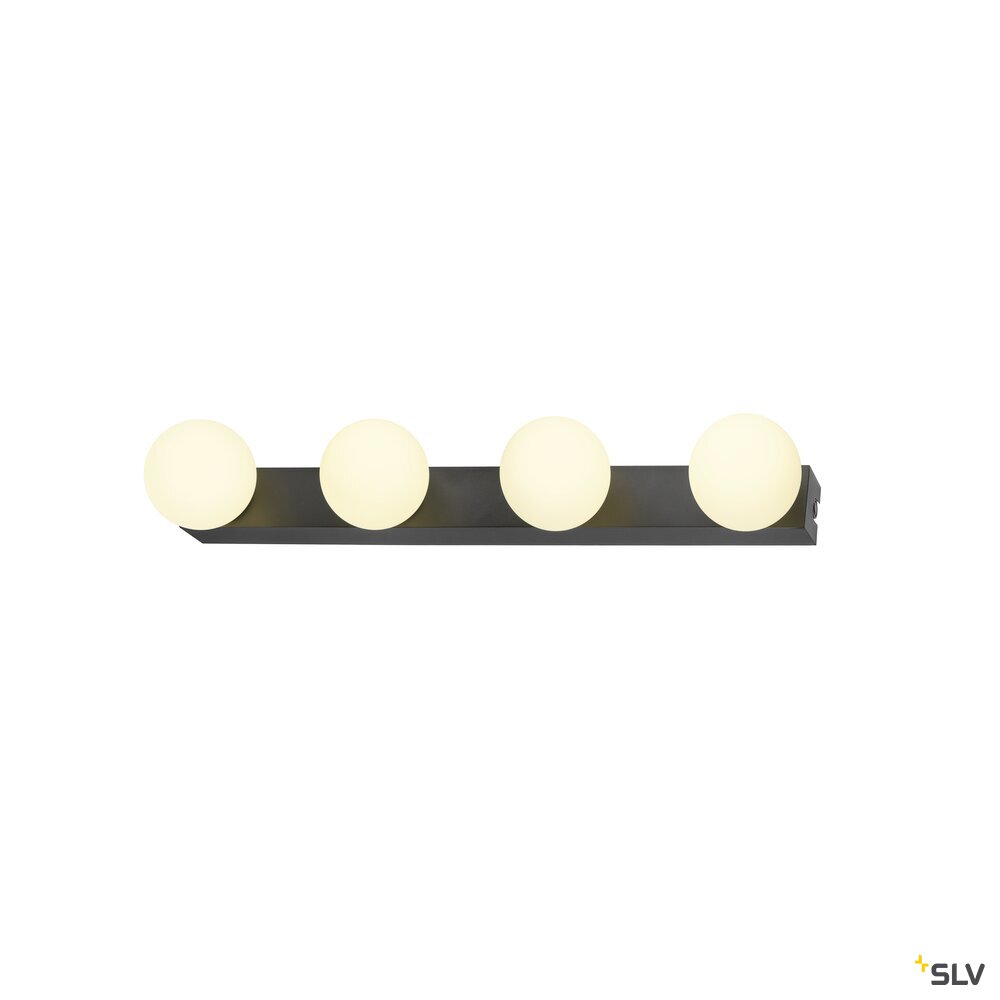 Vue horizontale de l'applique noire et de ses quatre globes lumineux alignés.