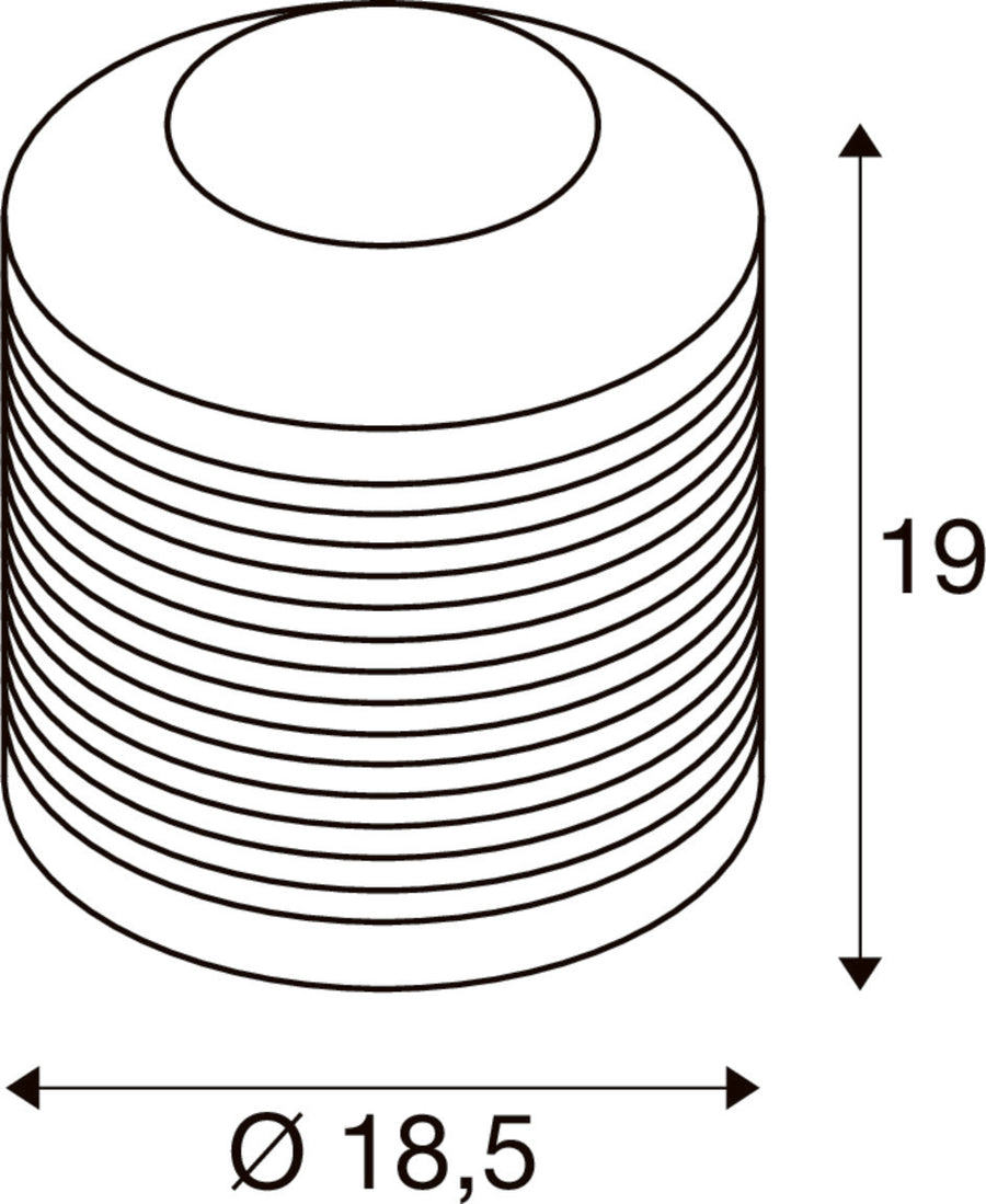 Schéma de dimensions du luminaire cylindrique, hauteur 19 cm et diamètre 18,5 cm