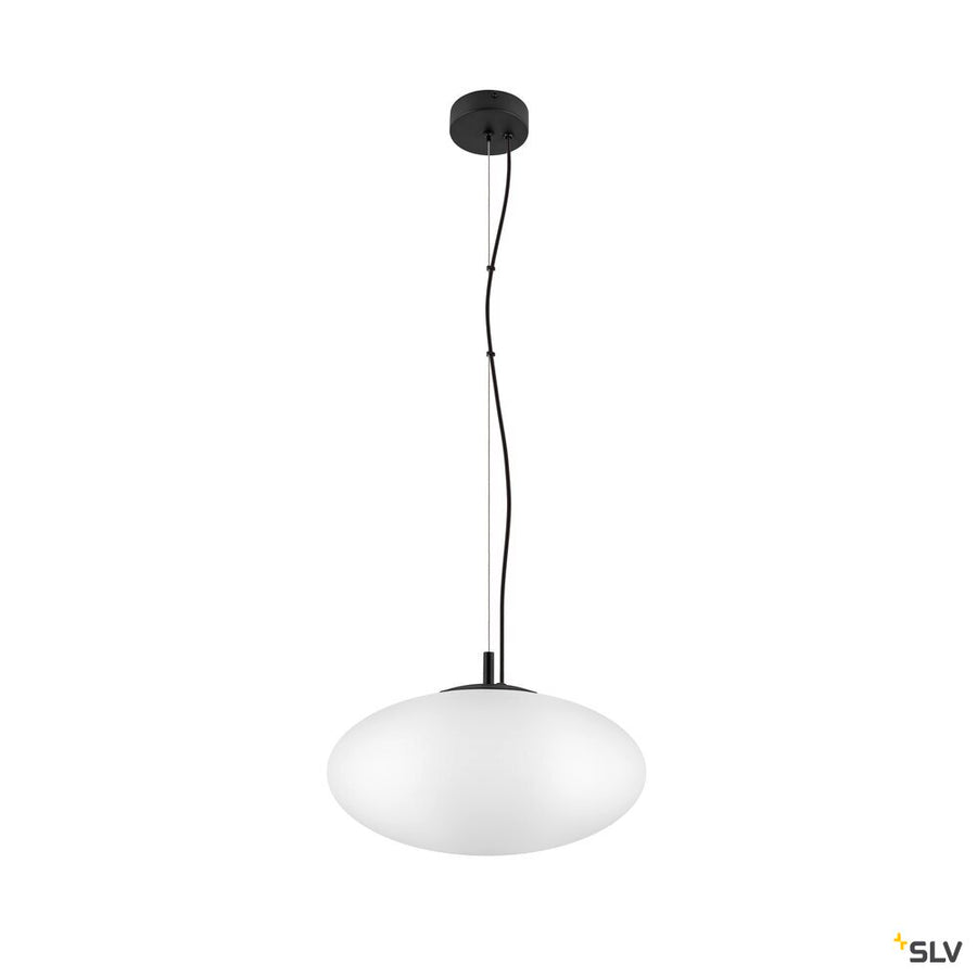 Suspension éteinte vue de face avec grand diffuseur blanc rond.