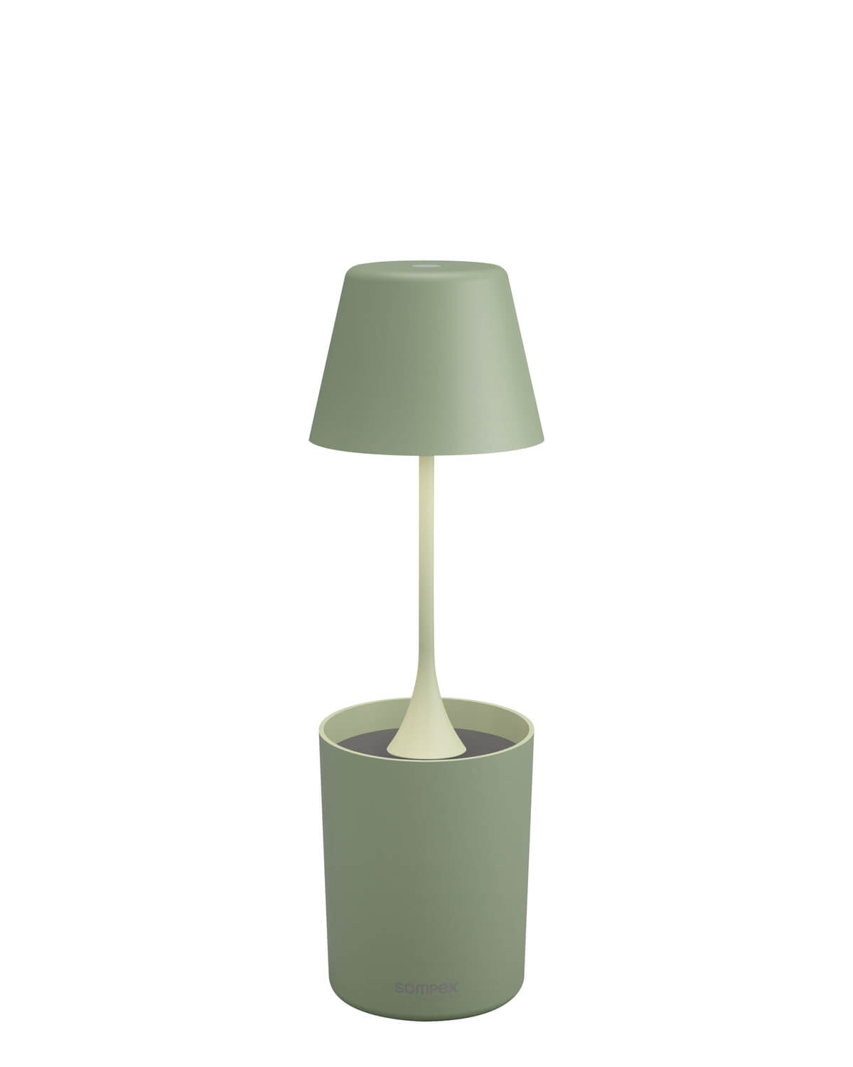 Lampe extérieure verte dressée dans son socle cylindrique, vue de face sur fond blanc