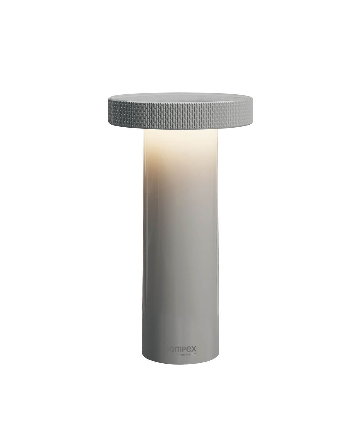 Lampe cylindrique grise de face sur fond blanc, sommet strié et lumière chaude.