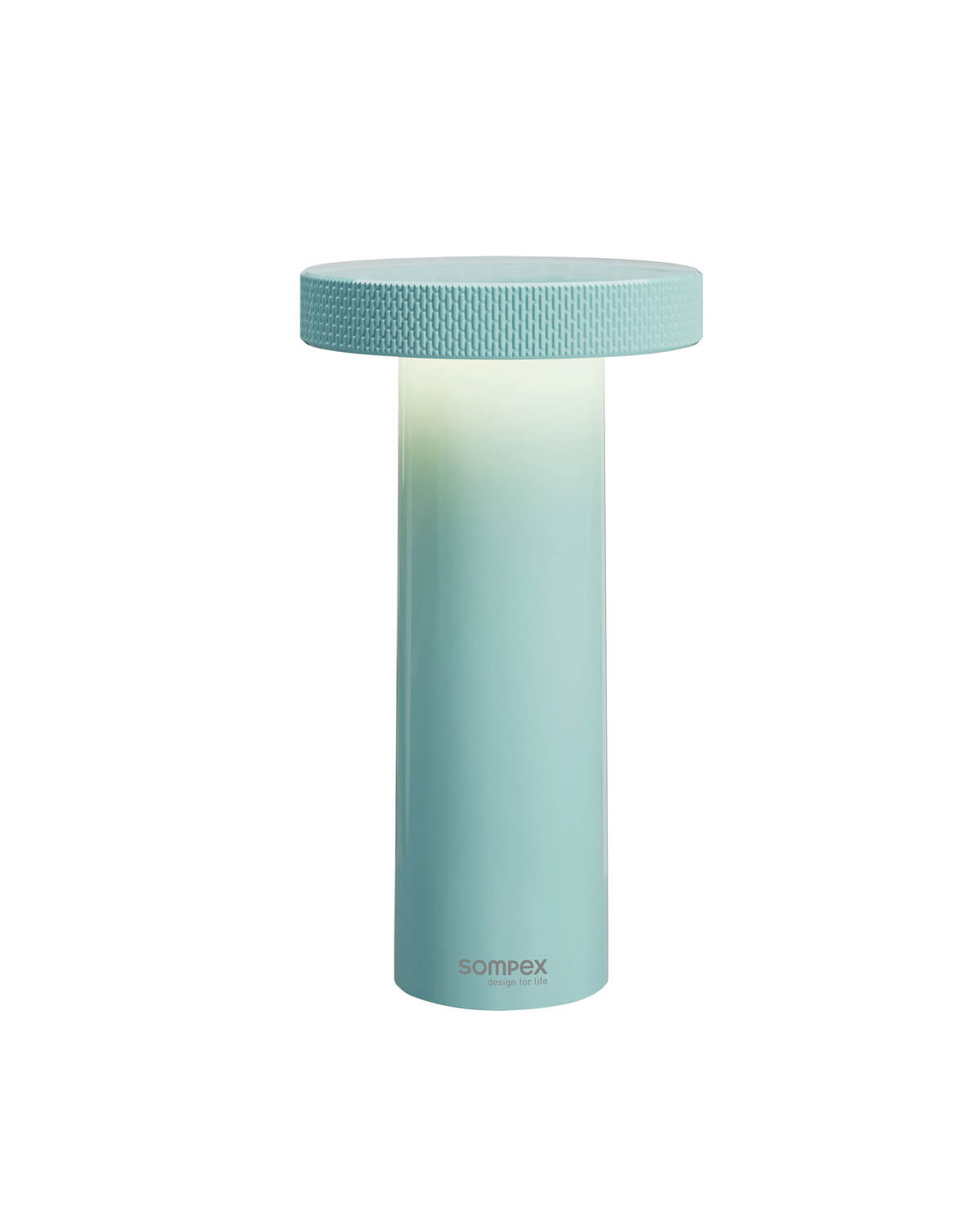 Lampe extérieure cylindrique turquoise, capot rond texturé, présentée de face sur fond blanc.