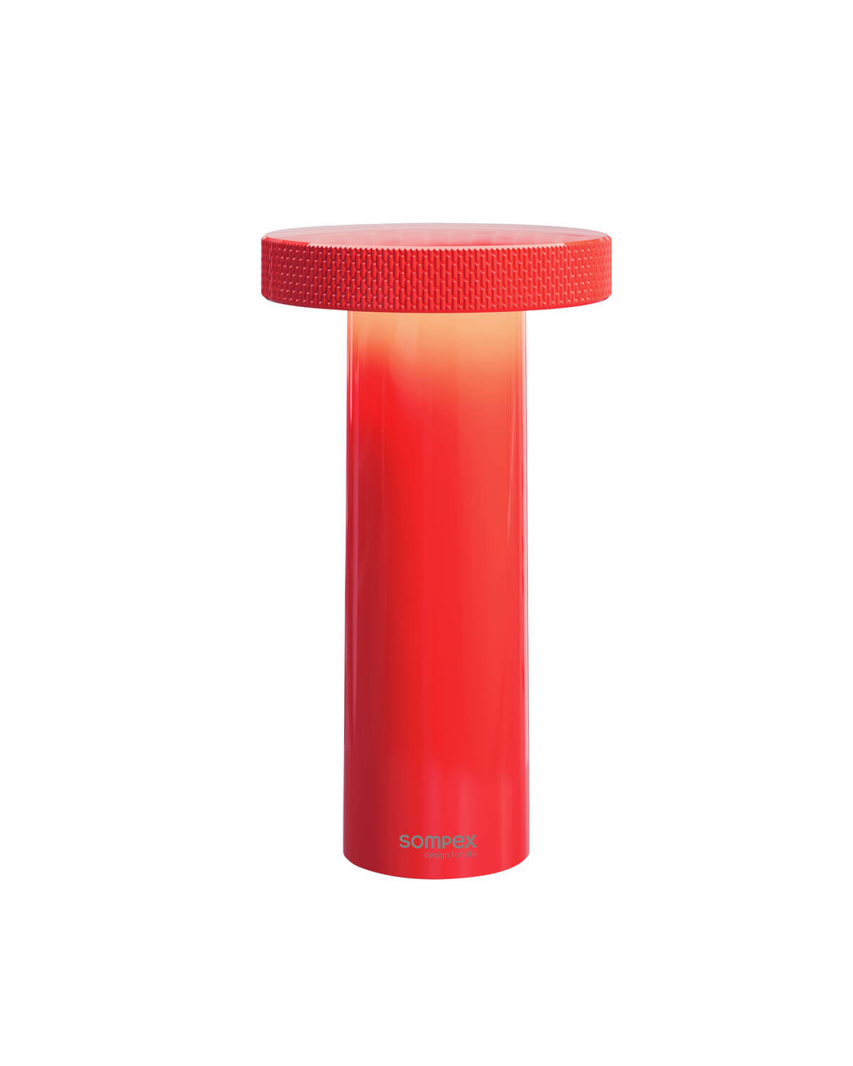 Lampe extérieure cylindrique rouge sur fond blanc, vue de face avec chapeau strié