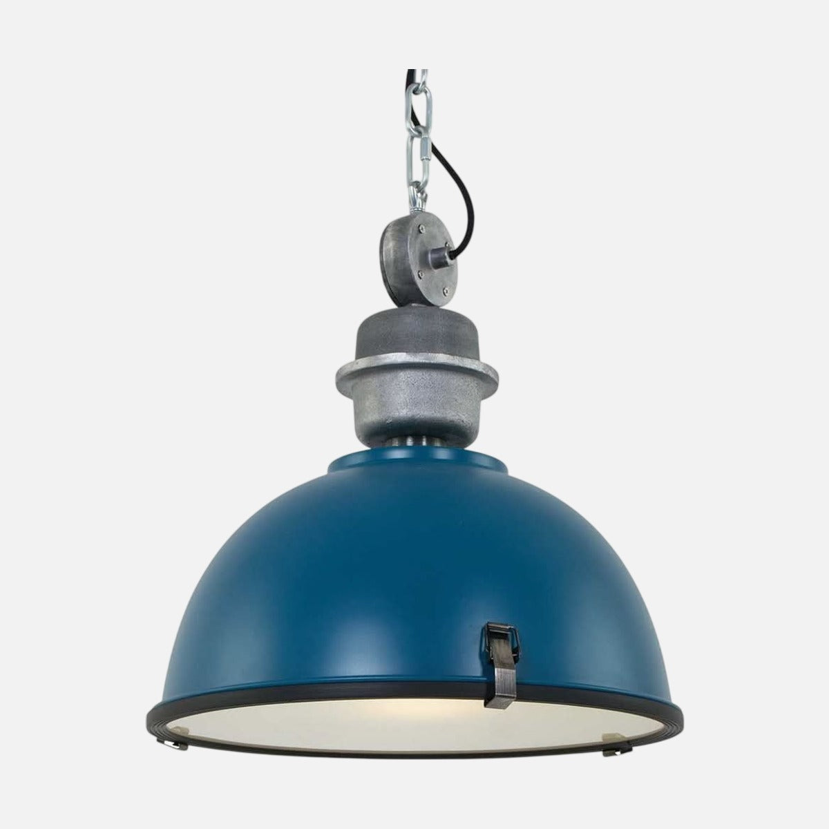 Suspension industrielle bleu canard Bikkel, dôme métal Ø 42 cm à verre, Designix