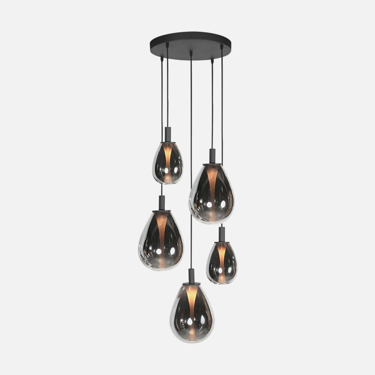 Suspension grappe Glimsy en verre fumé, 5 feux cascade goutte sur armature noir mat – Designix.fr