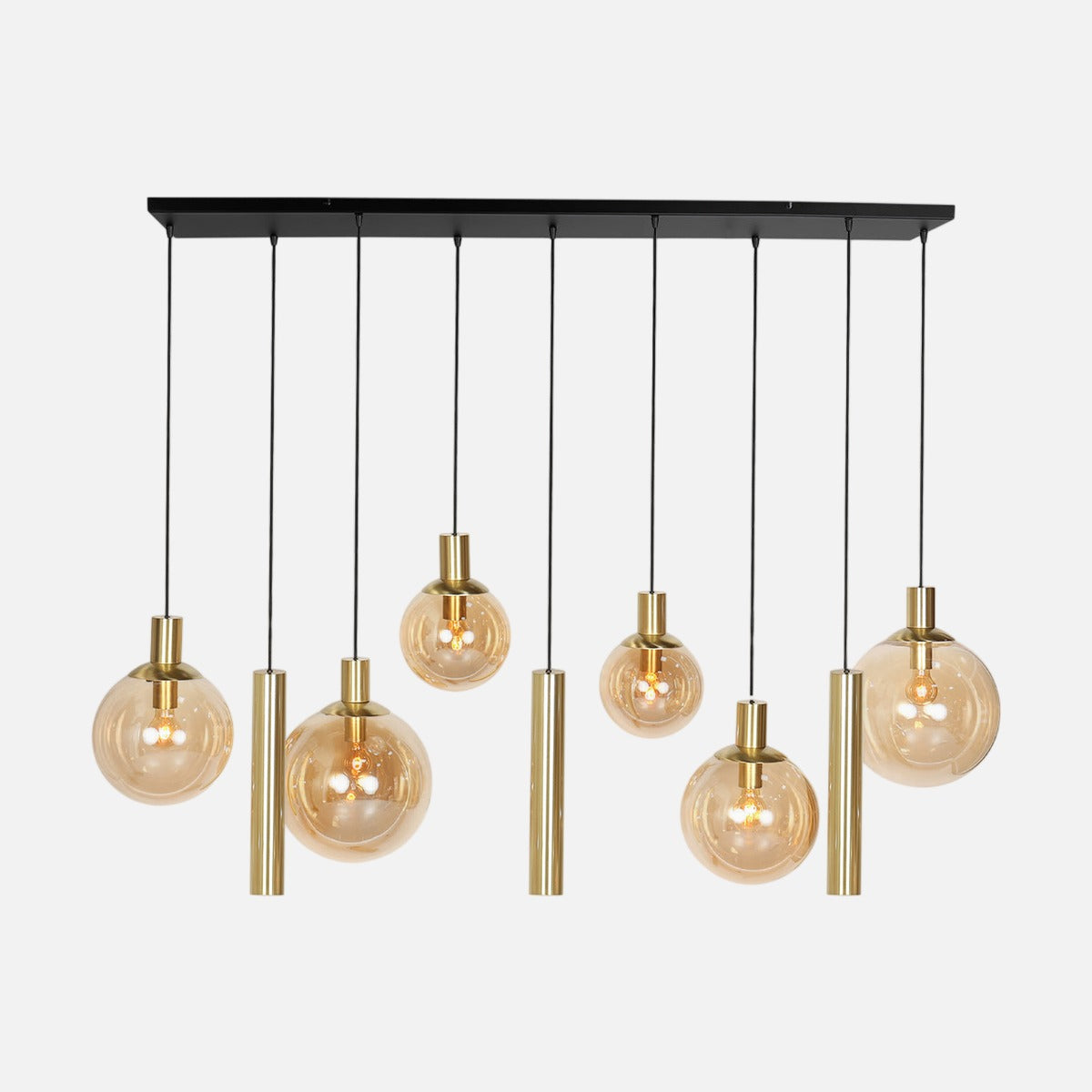 Suspension laiton et verre ambré Bollique, barre 9 lumières – Designix.fr