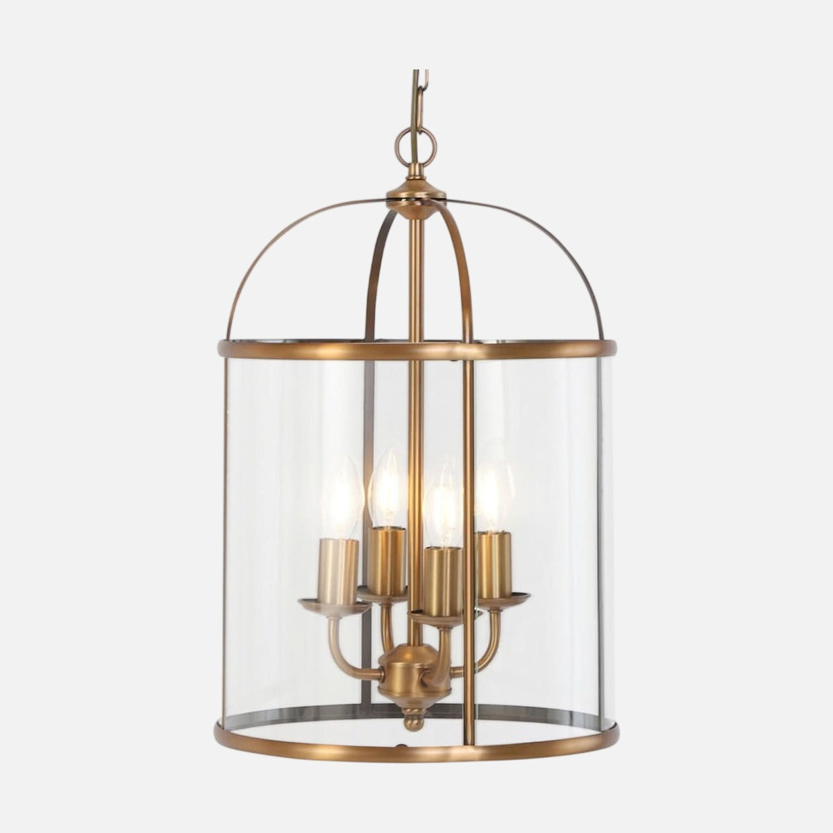 Suspension lanterne bronze Pimpernel, cage en verre clair 4 lumières sur fond gris clair – Designix.fr