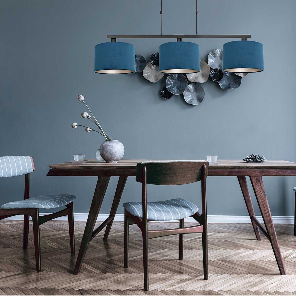 Suspension Noir 3 Lumières Velours Bleu | Taro - Designix Suspension Luminaire
