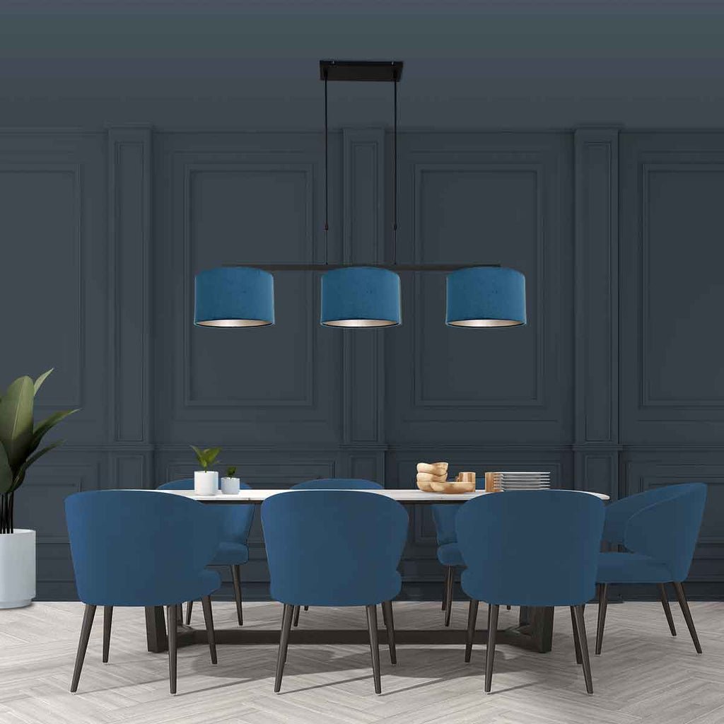 Suspension Noir 3 Lumières Velours Bleu | Taro - Designix Suspension Luminaire
