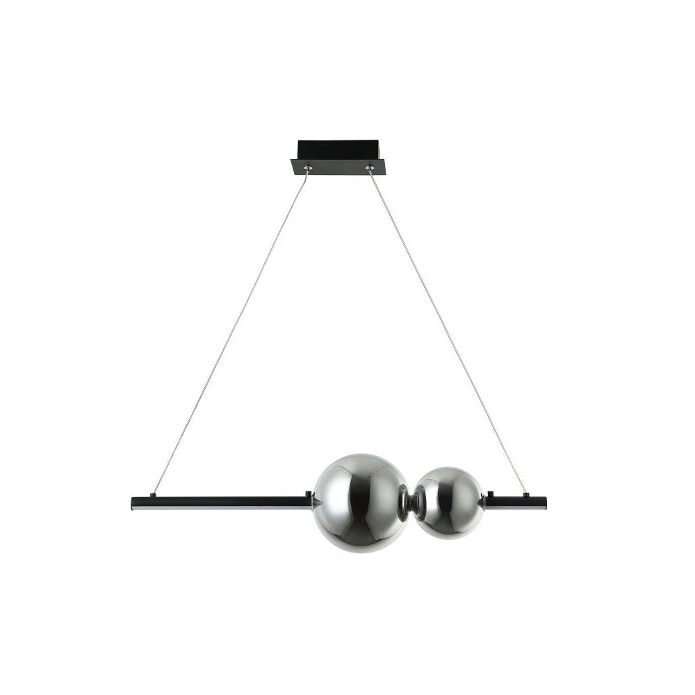 Suspension noire à barre horizontale et deux sphères chromées, vue de face