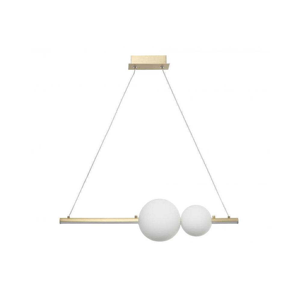 Suspension à barre dorée et deux globes blancs, vue de face sur fond blanc