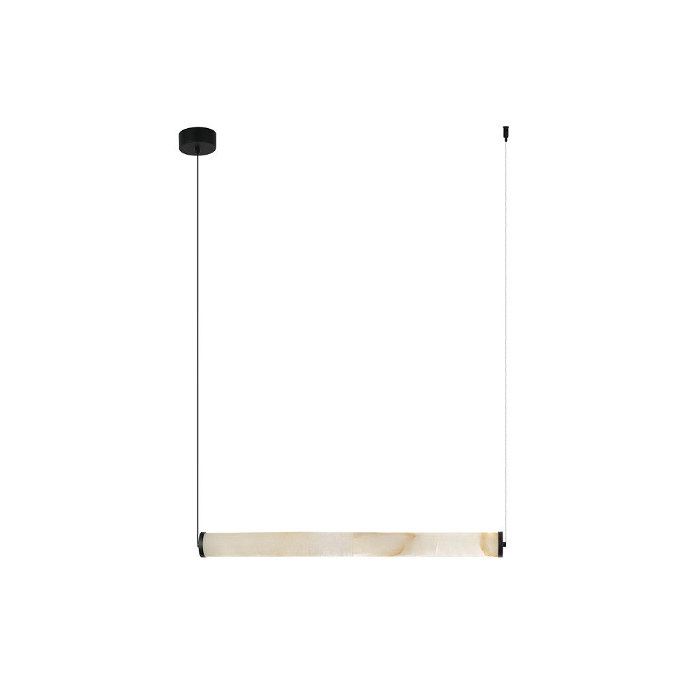 Luminaire suspendu de face, tube en albâtre blanc et nichelle noire ronde