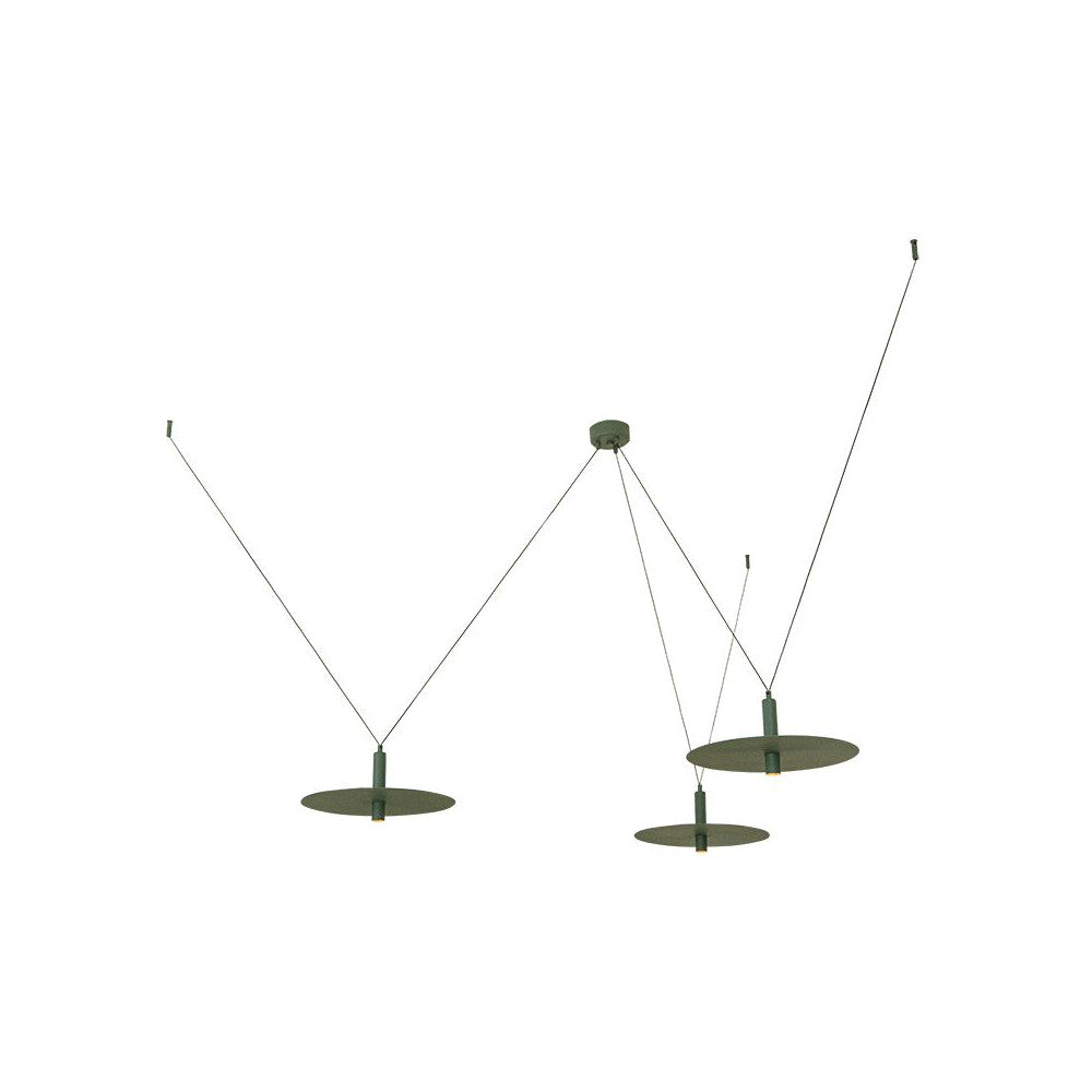 Vue produit sur fond blanc montrant trois disques verts suspendus par câbles fins.