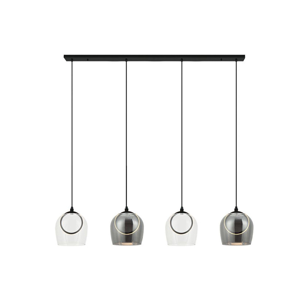Suspension quatre lumières sur barre noire, verre fumé et transparent, fond blanc