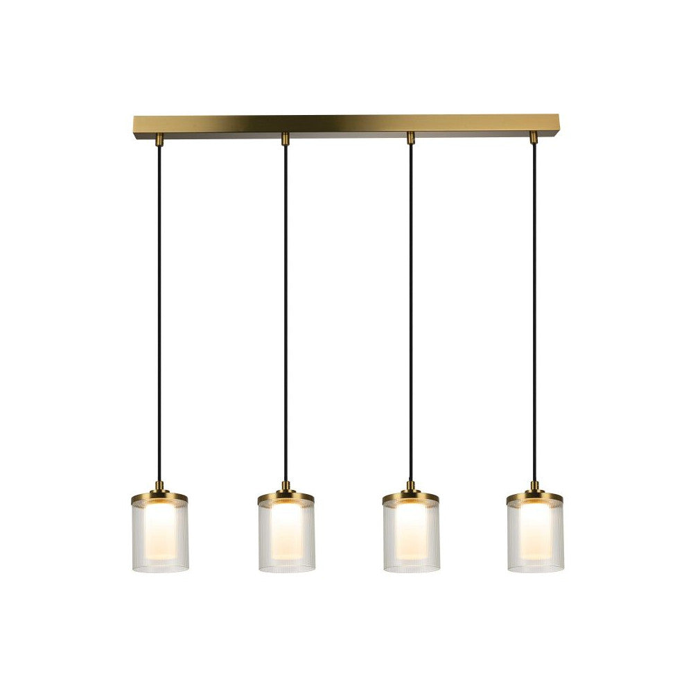 Suspension quatre lumières vue de face sur fond blanc, verres cylindriques sous barre dorée
