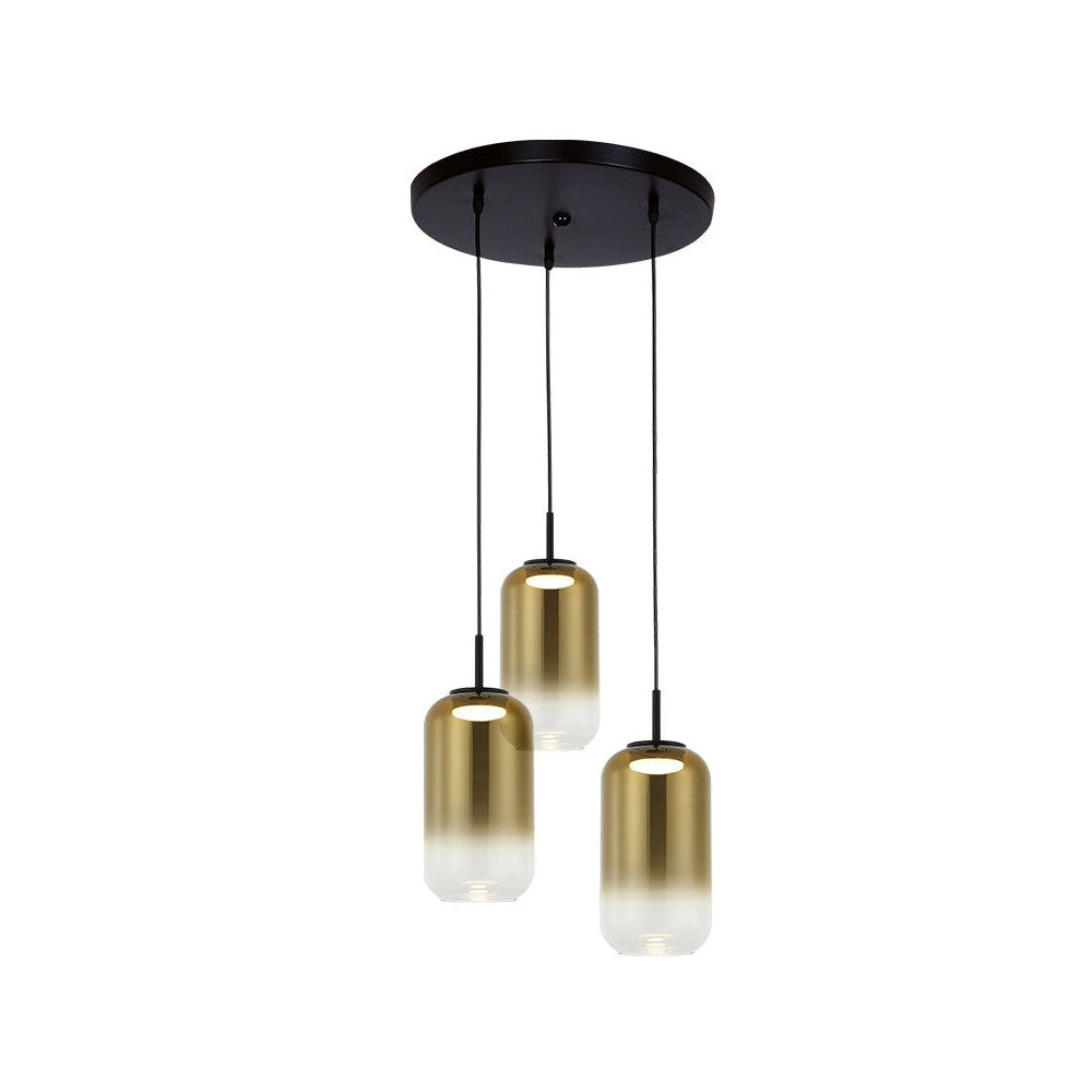 Suspension noire et dorée avec trois abat-jours cylindriques en verre dégradé.