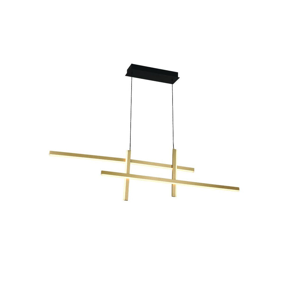 Suspension design dorée à barres entrecroisées, vue de face sur fond blanc.