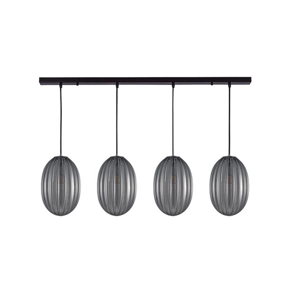 Suspension noire à quatre pendants en verre fumé ovale, vue de face sur fond blanc