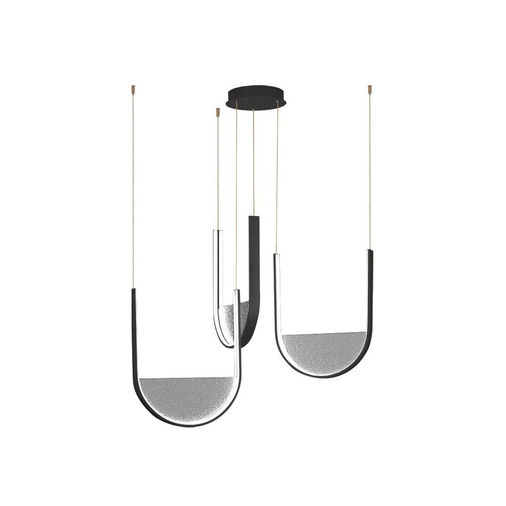 Vue de face du luminaire suspendu à trois éléments en verre en U