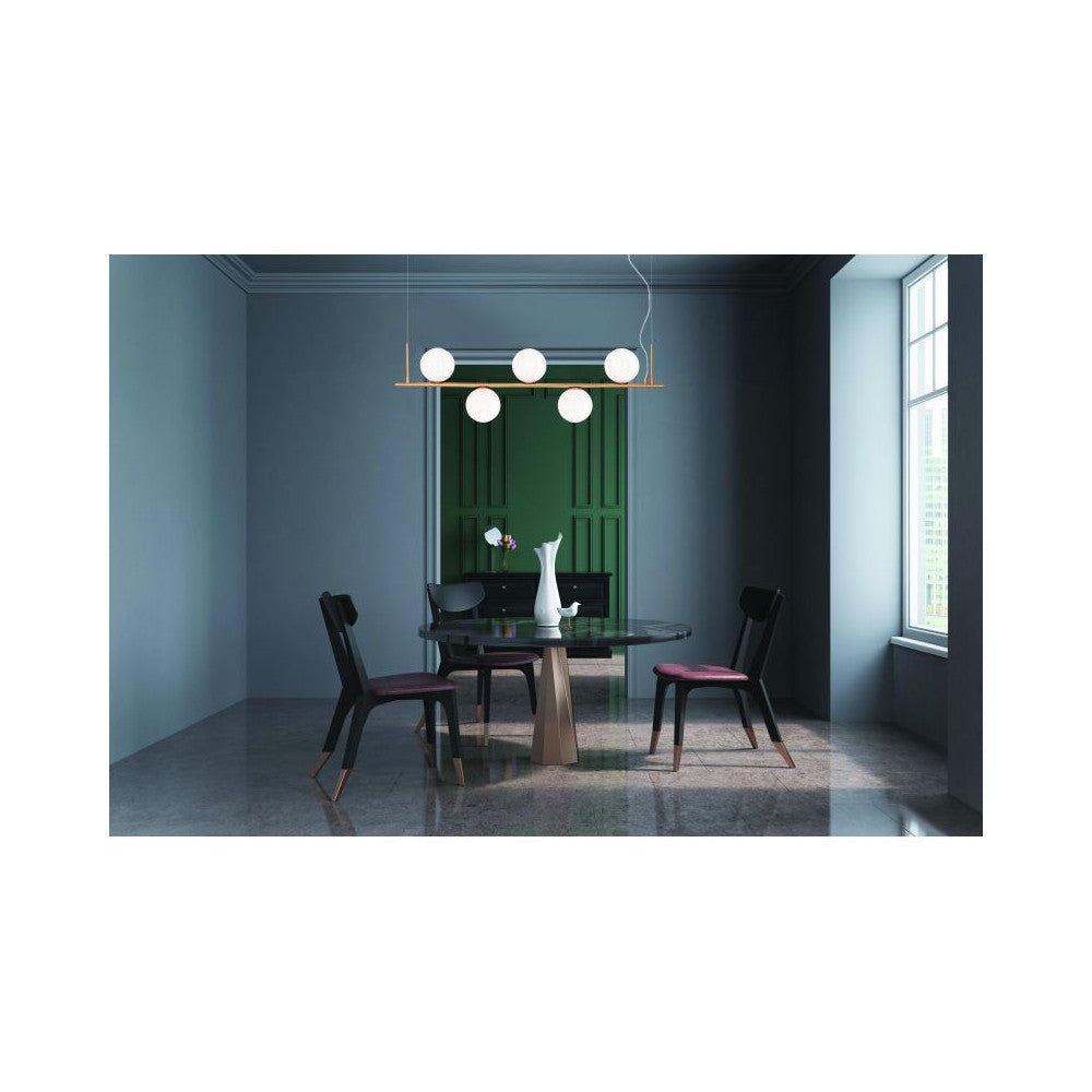Scène d'intérieur bleu avec table ronde et luminaire suspendu au premier plan