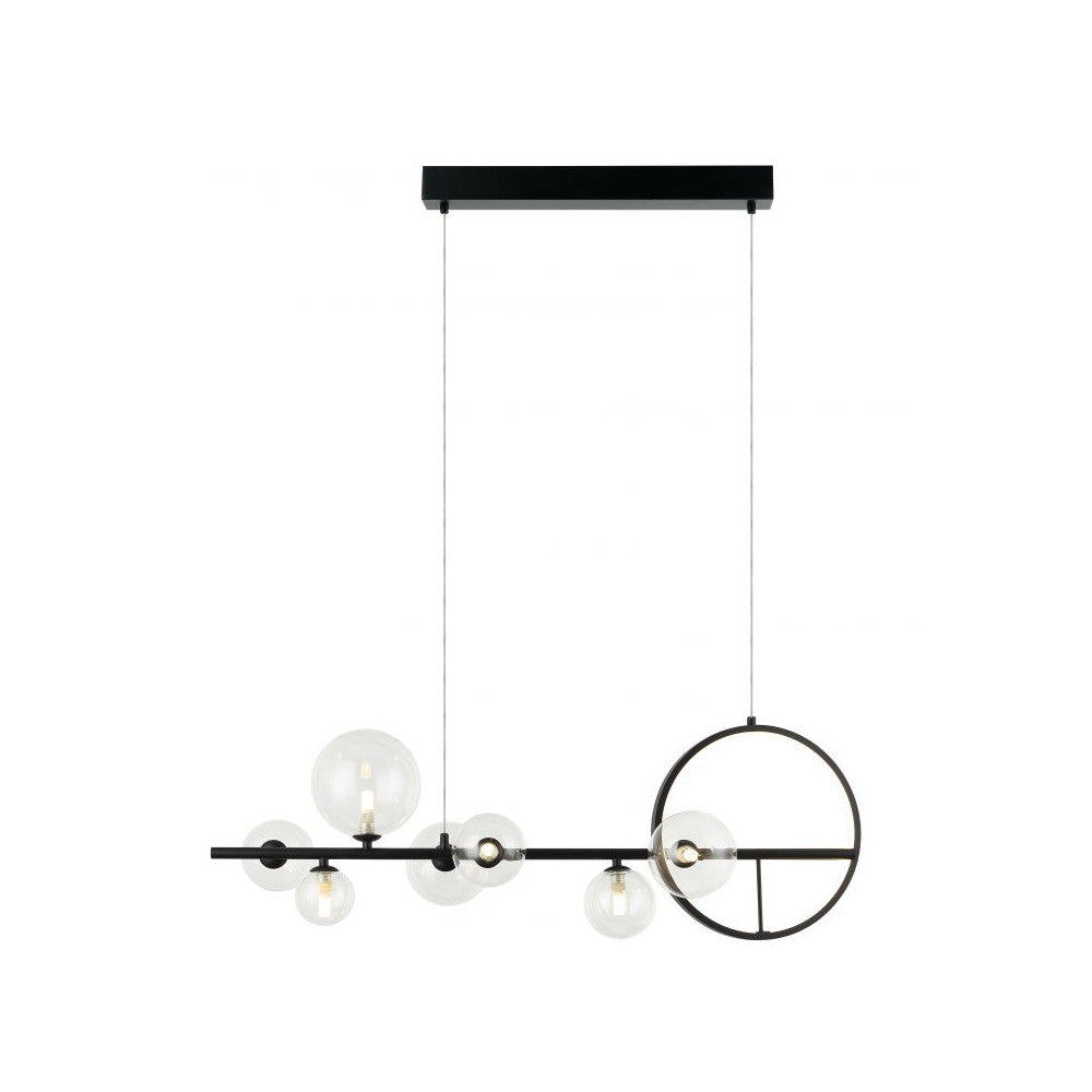 Vue de face du luminaire suspendu noir avec sept globes en verre et anneau.