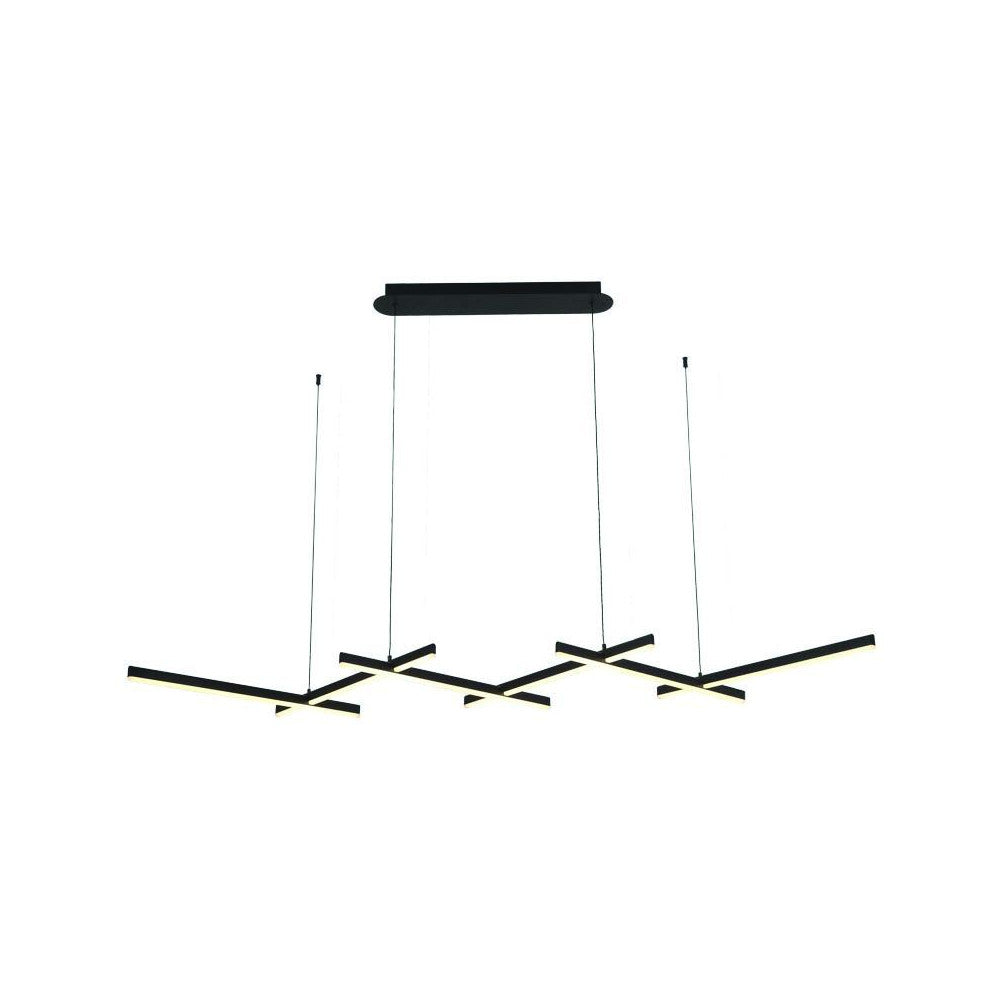 Vue de face du luminaire suspendu noir mat à barres linéaires entrecroisées sur fond blanc.