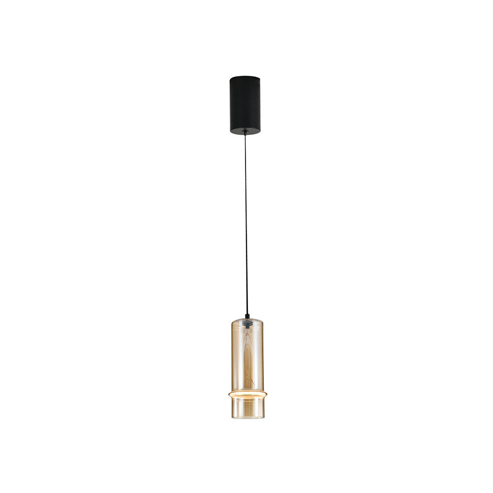 Suspension complète vue de face, verre ambré translucide et rosace cylindrique noire