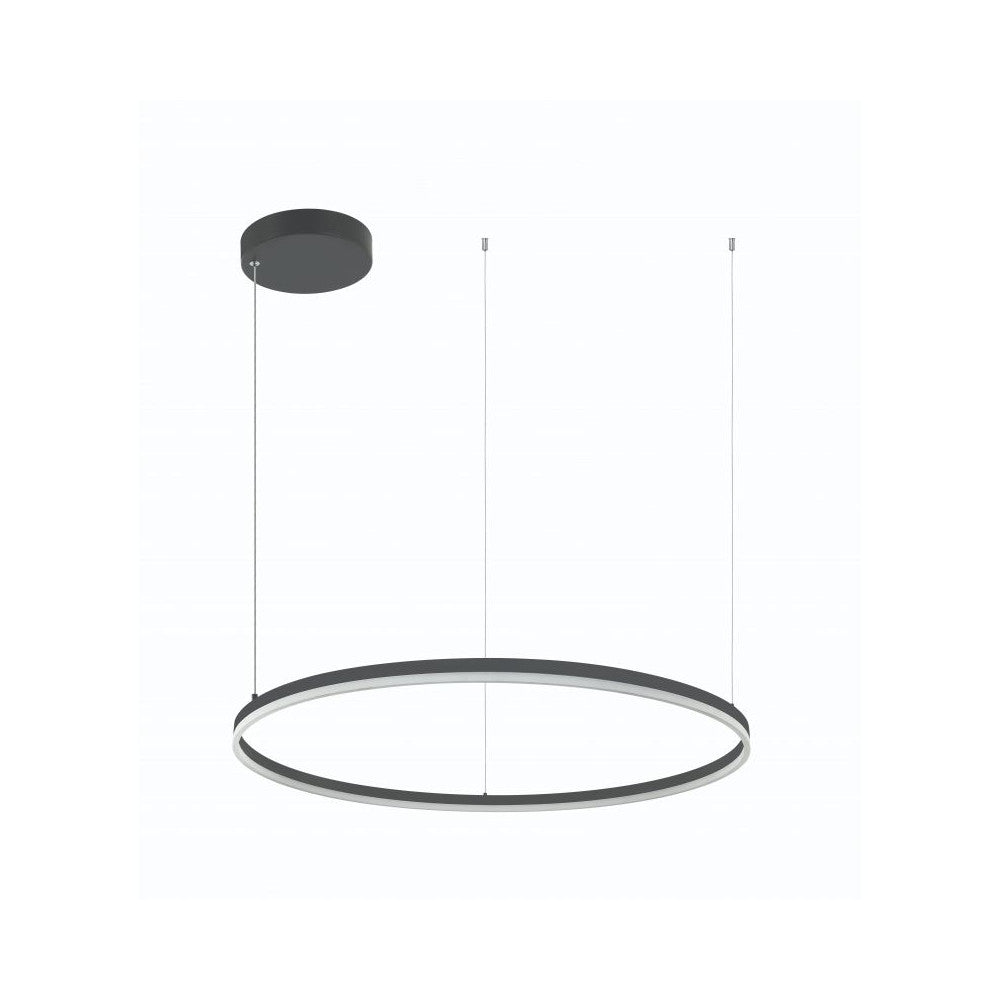 Vue produit du luminaire annulaire suspendu, montrant structure noire et diffuseur blanc