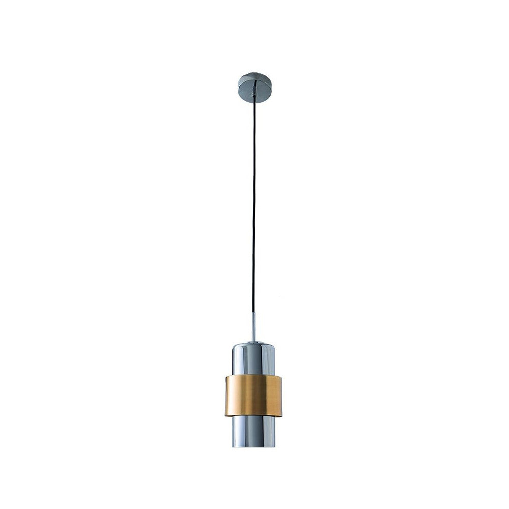 Suspension cylindrique en métal chromé à bandeau doré, vue de face sur fond blanc
