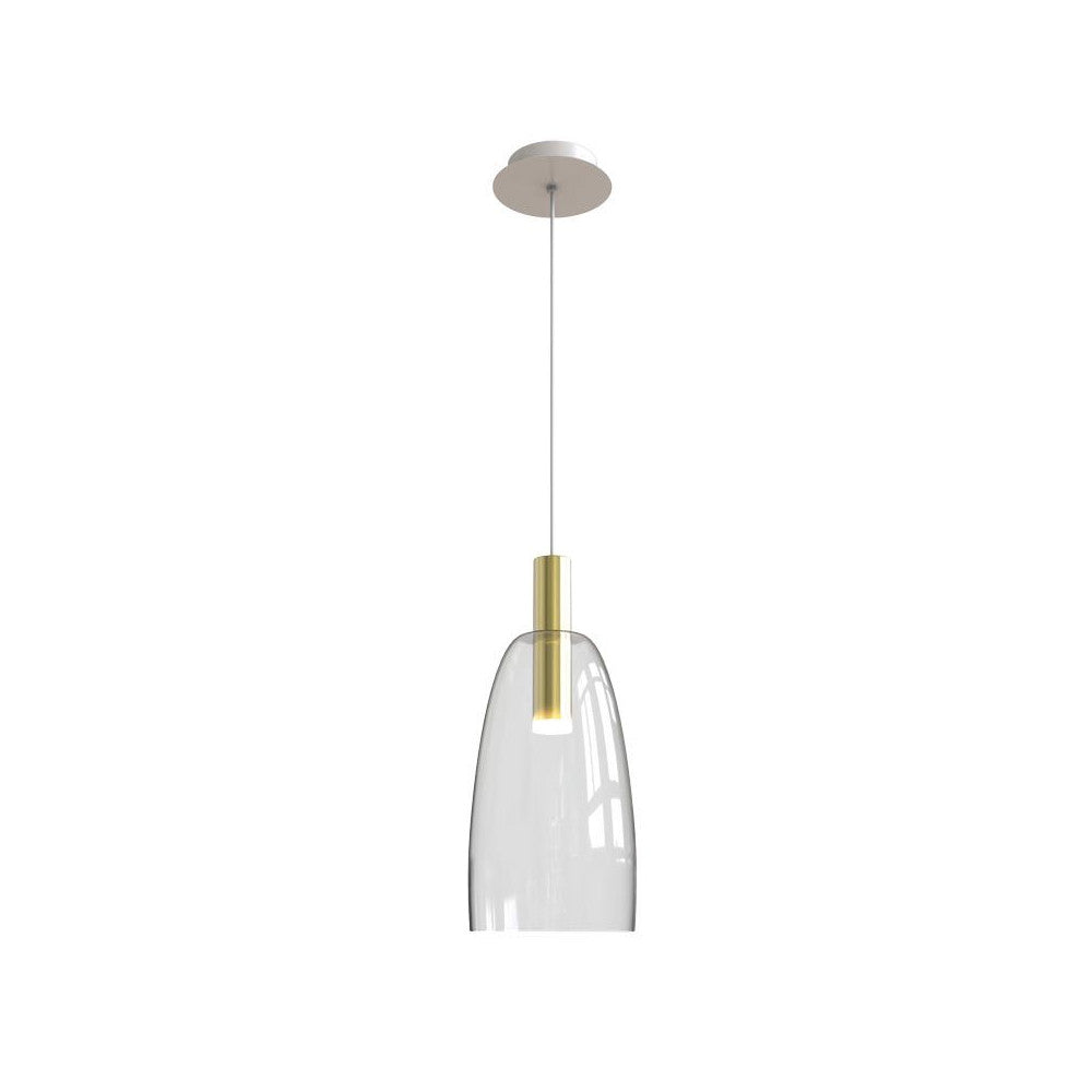 Suspension seule sur fond blanc, verre transparent, tige dorée et rosace de plafond.