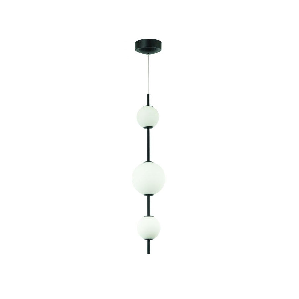 Suspension noire design vue de face, trois globes opalins alignés verticalement.