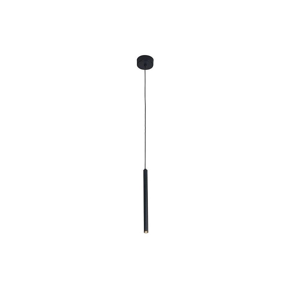 Suspension noire mat de profil, long câble fin et tube cylindrique vertical