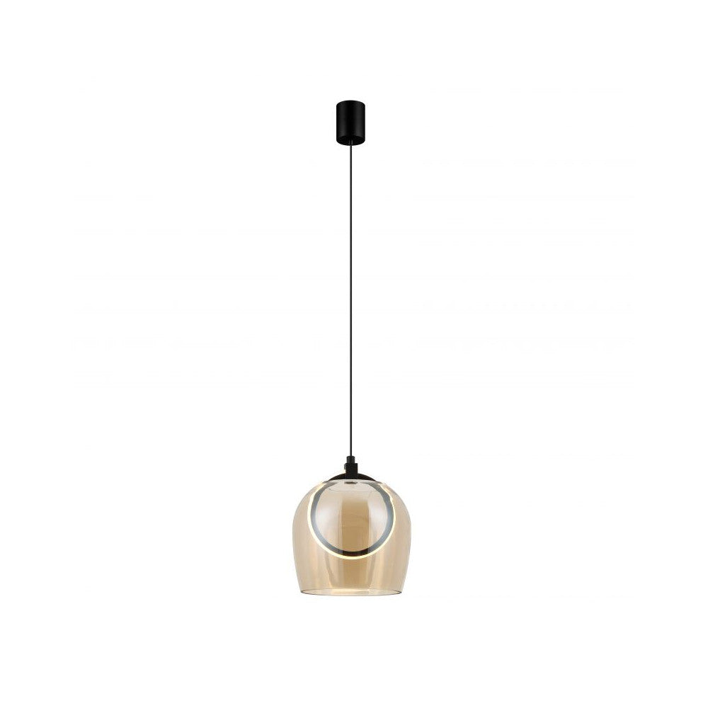 Suspension entière sur fond blanc, verre ambré et câble noir