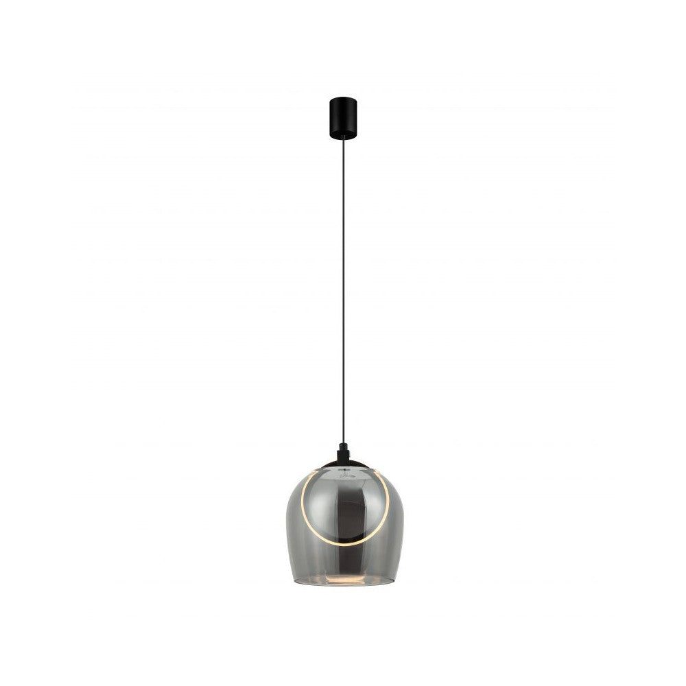 Suspension noire avec grand câble et verre fumé transparent, vue de face